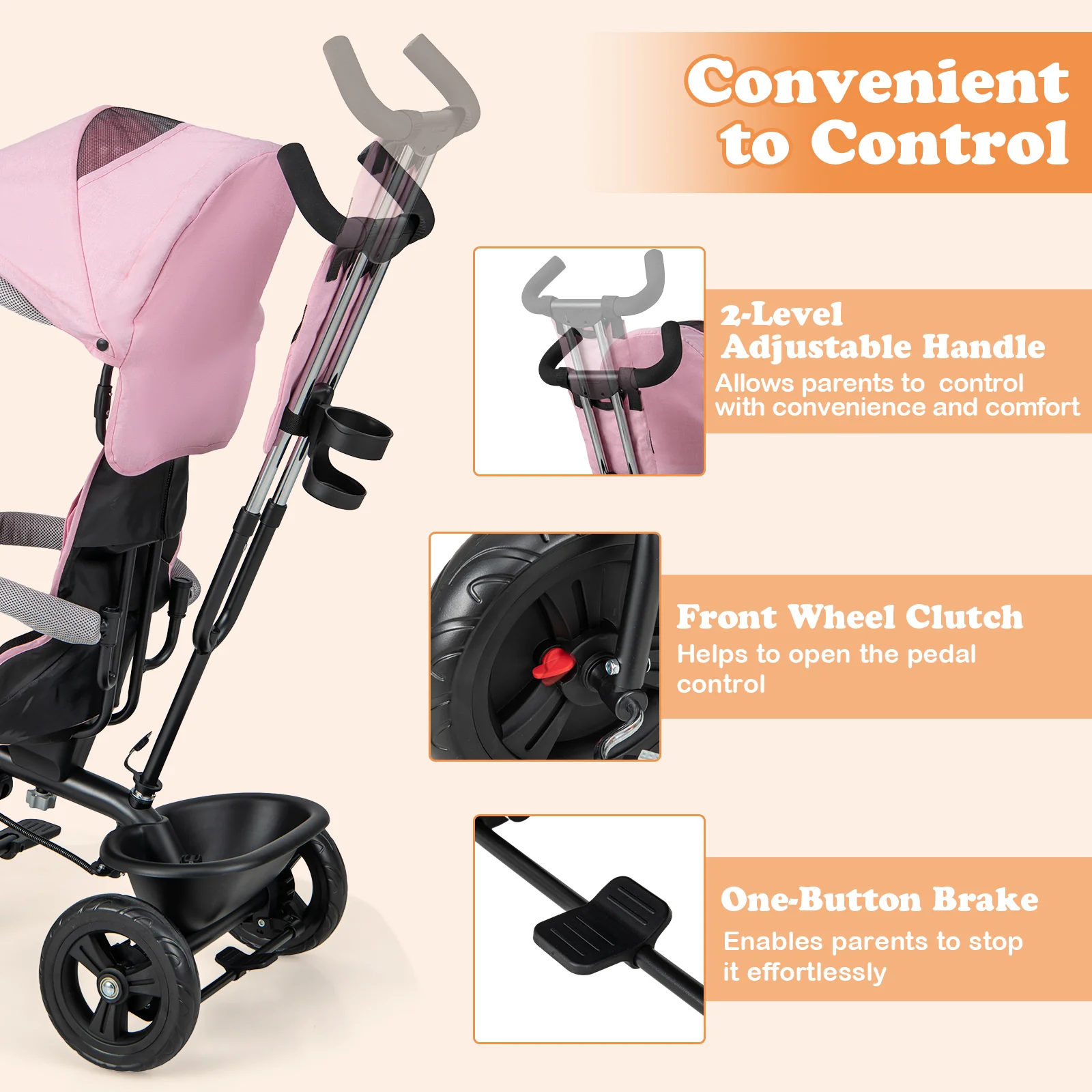 4-in-1 Baby Trike Kids Tricycle with Removable Canopy and Adjustable Push Handle, Pink - Image 9