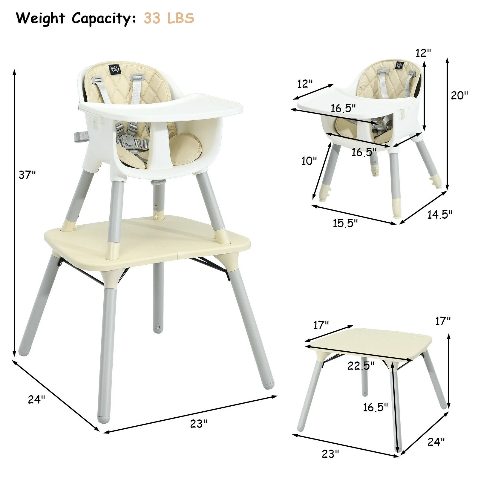 4-in-1 Convertible Toddler Table Chair Set, PU Cushion, Beige - Image 6