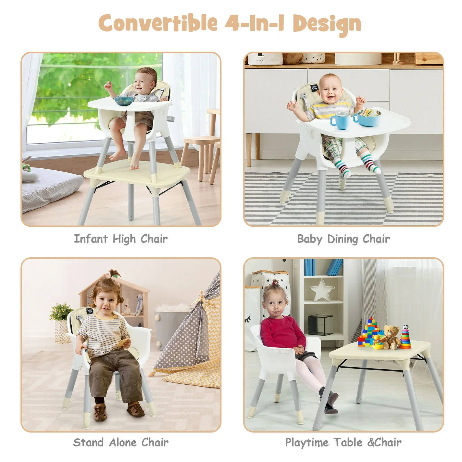 4-in-1 Convertible Toddler Table Chair Set, PU Cushion, Beige - Image 8