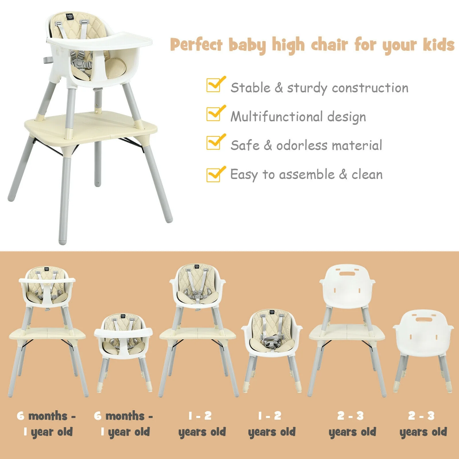 4-in-1 Convertible Toddler Table Chair Set, PU Cushion, Beige - Image 9