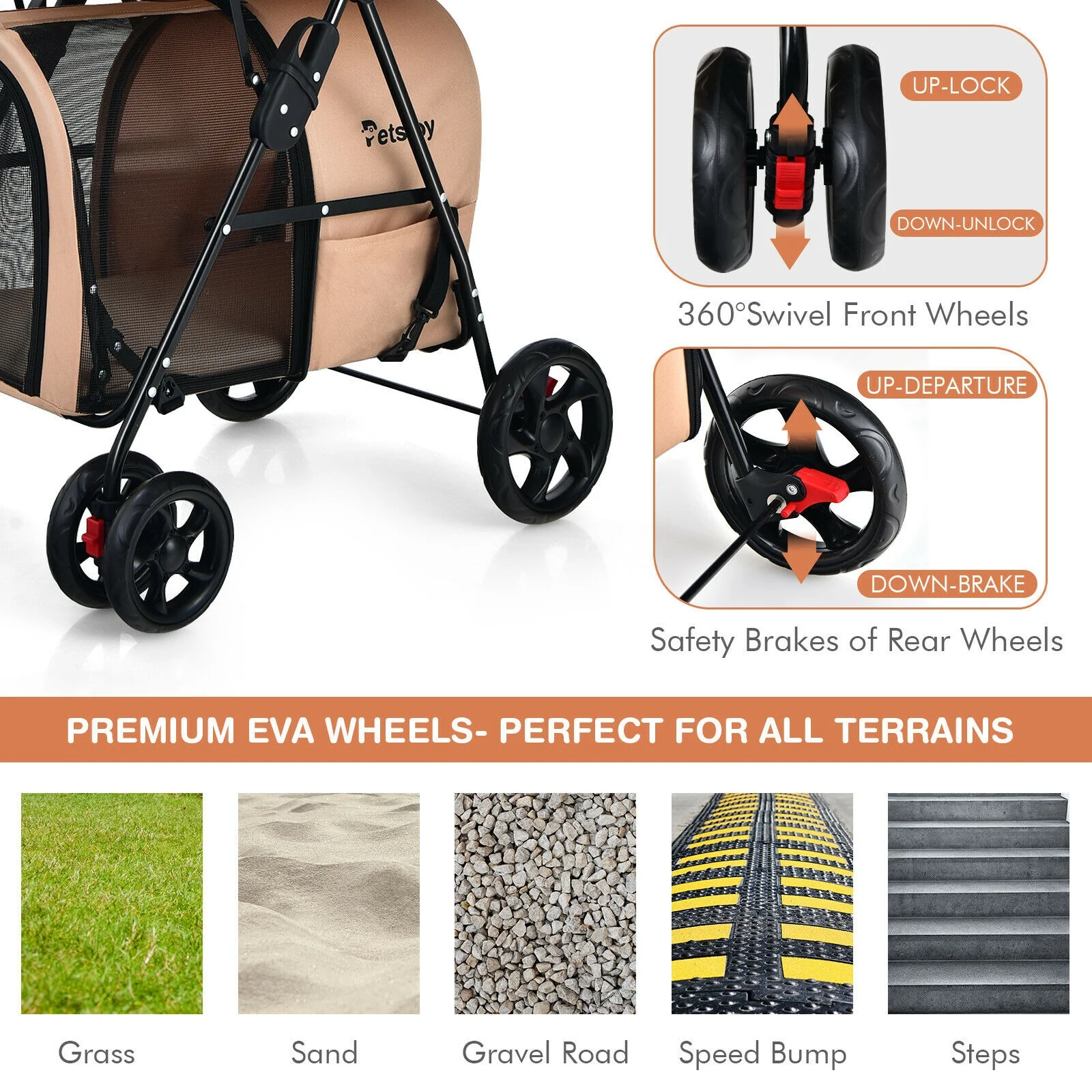 4-In-1 Double Pet Stroller, Detachable Carrier, Travel Carriage, Beige - Image 10