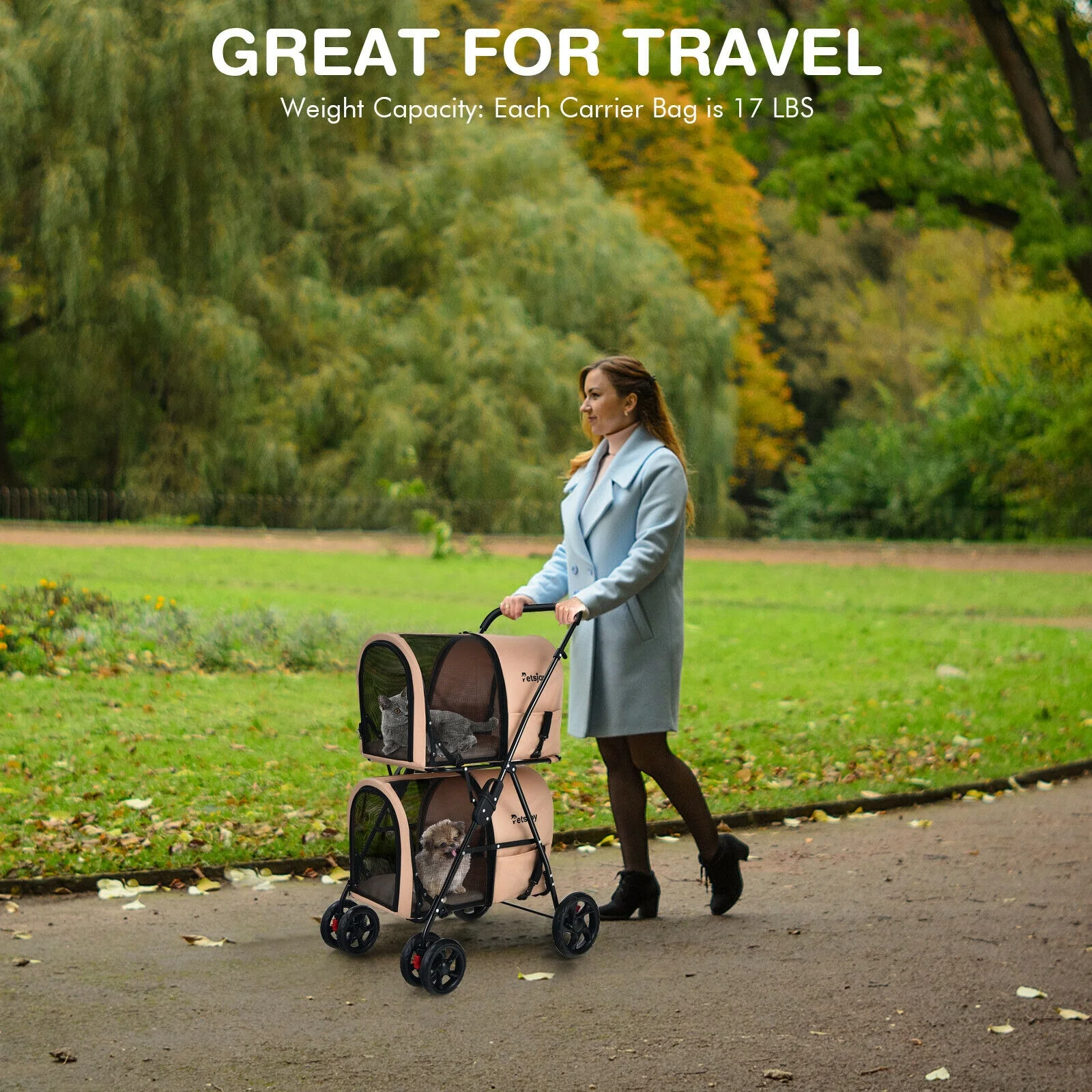 4-In-1 Double Pet Stroller, Detachable Carrier, Travel Carriage, Beige - Image 3