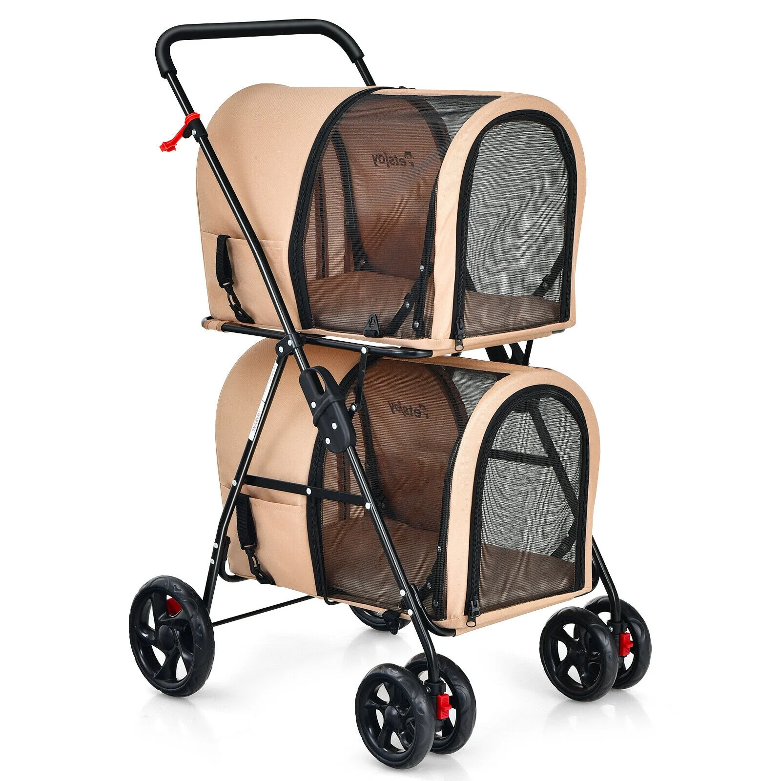 4-In-1 Double Pet Stroller, Detachable Carrier, Travel Carriage, Beige - Image 5