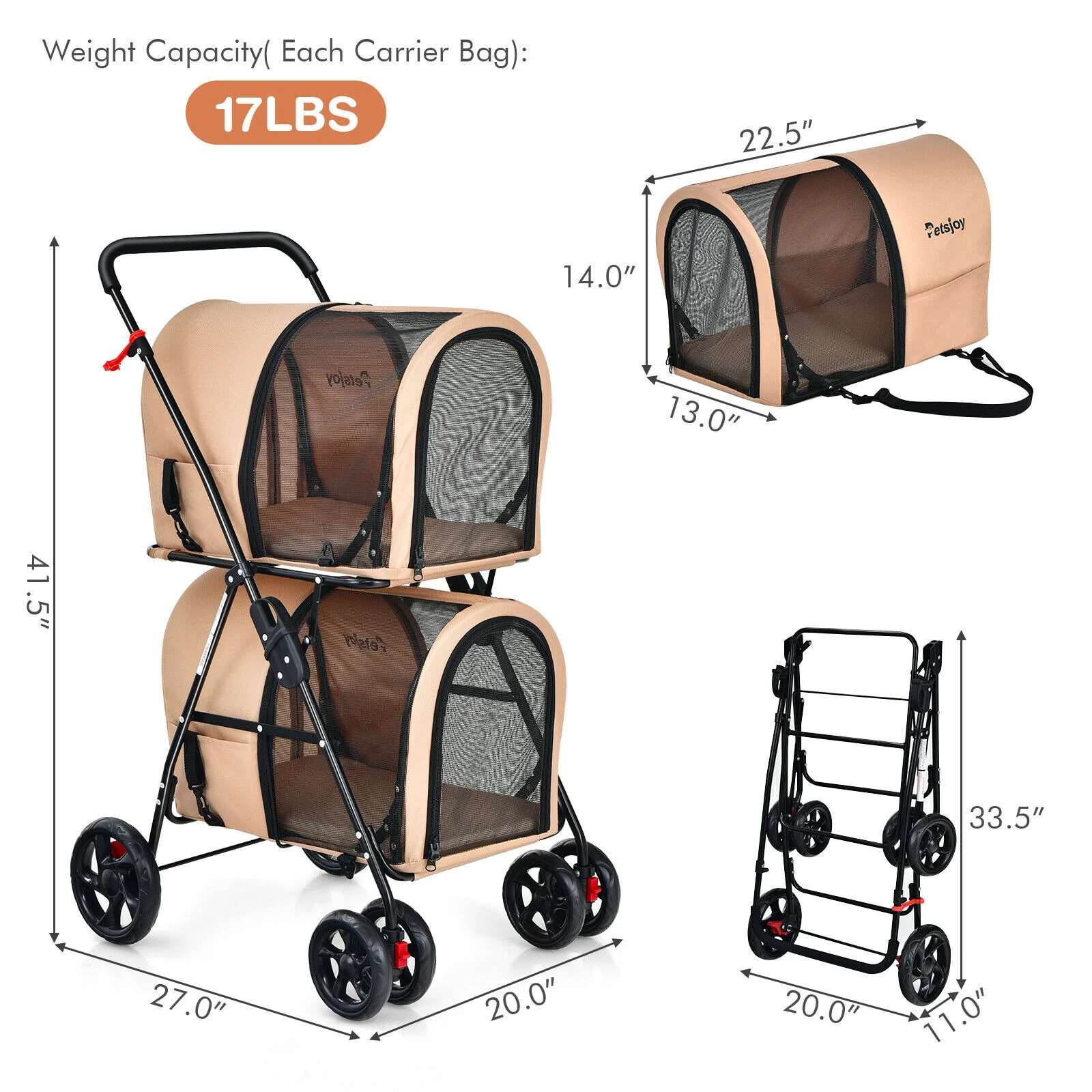 4-In-1 Double Pet Stroller, Detachable Carrier, Travel Carriage, Beige - Image 7