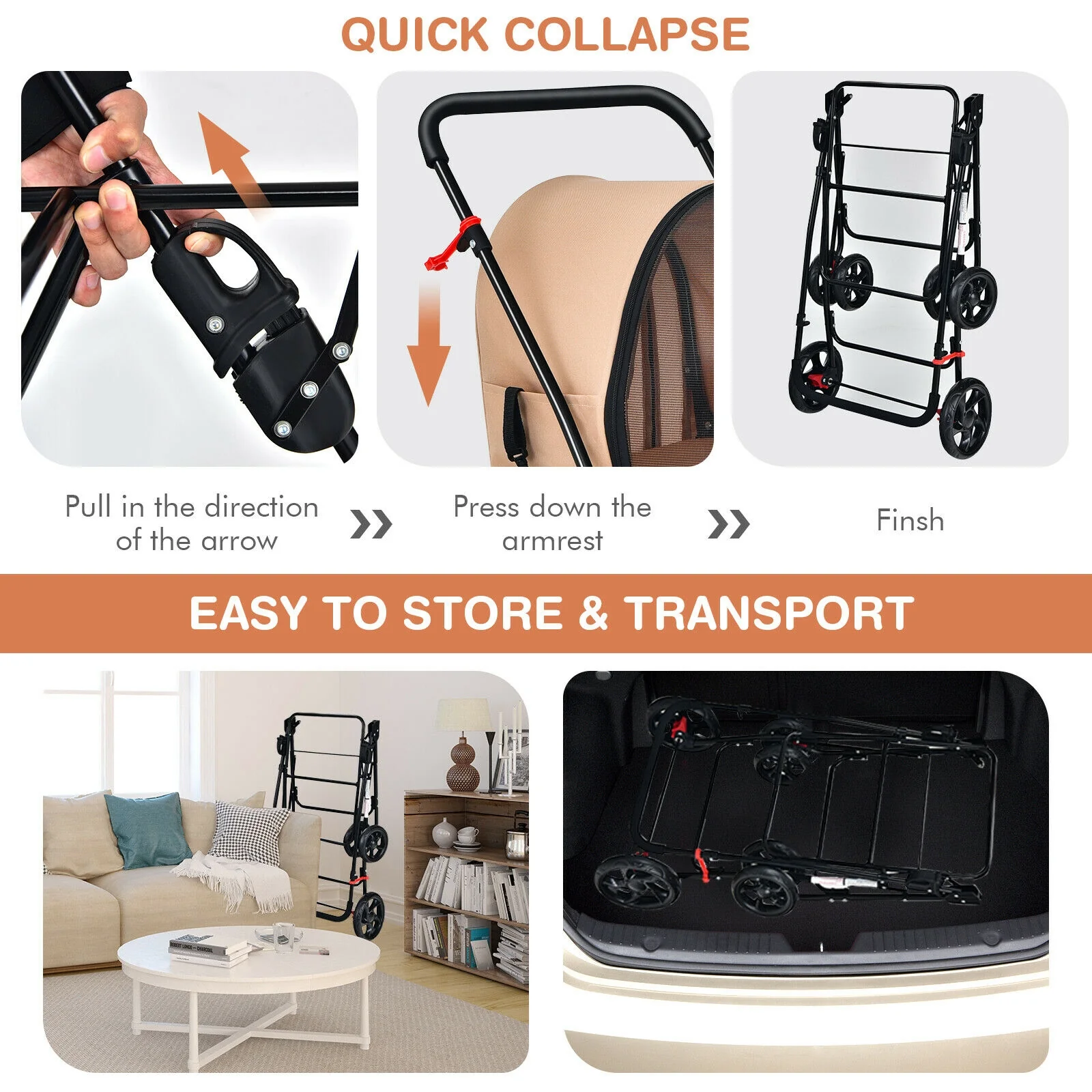4-In-1 Double Pet Stroller, Detachable Carrier, Travel Carriage, Beige - Image 9