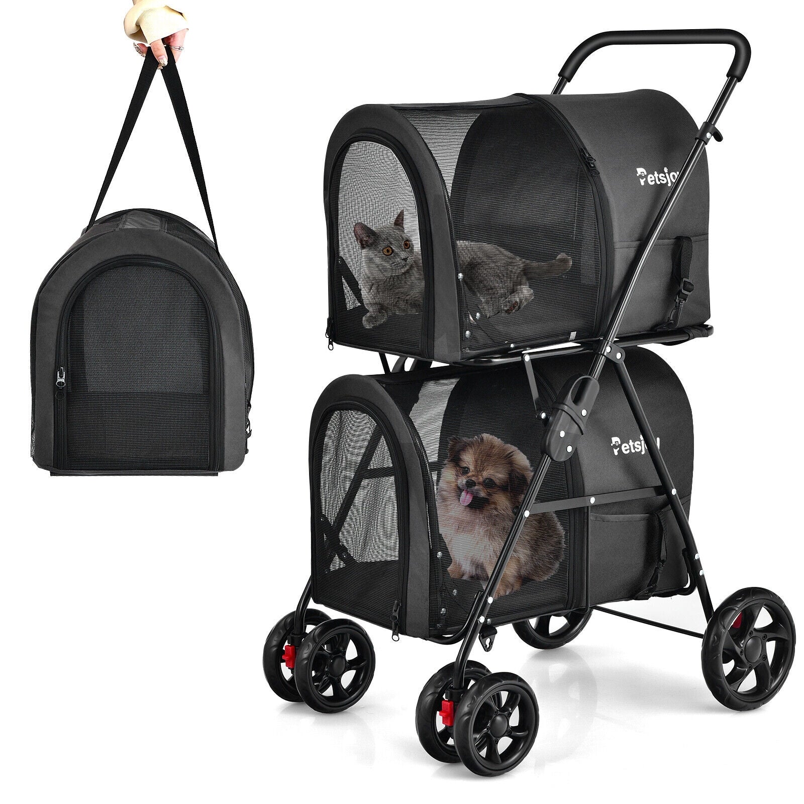4-In-1 Double Pet Stroller, Detachable Carrier, Travel Carriage, Black