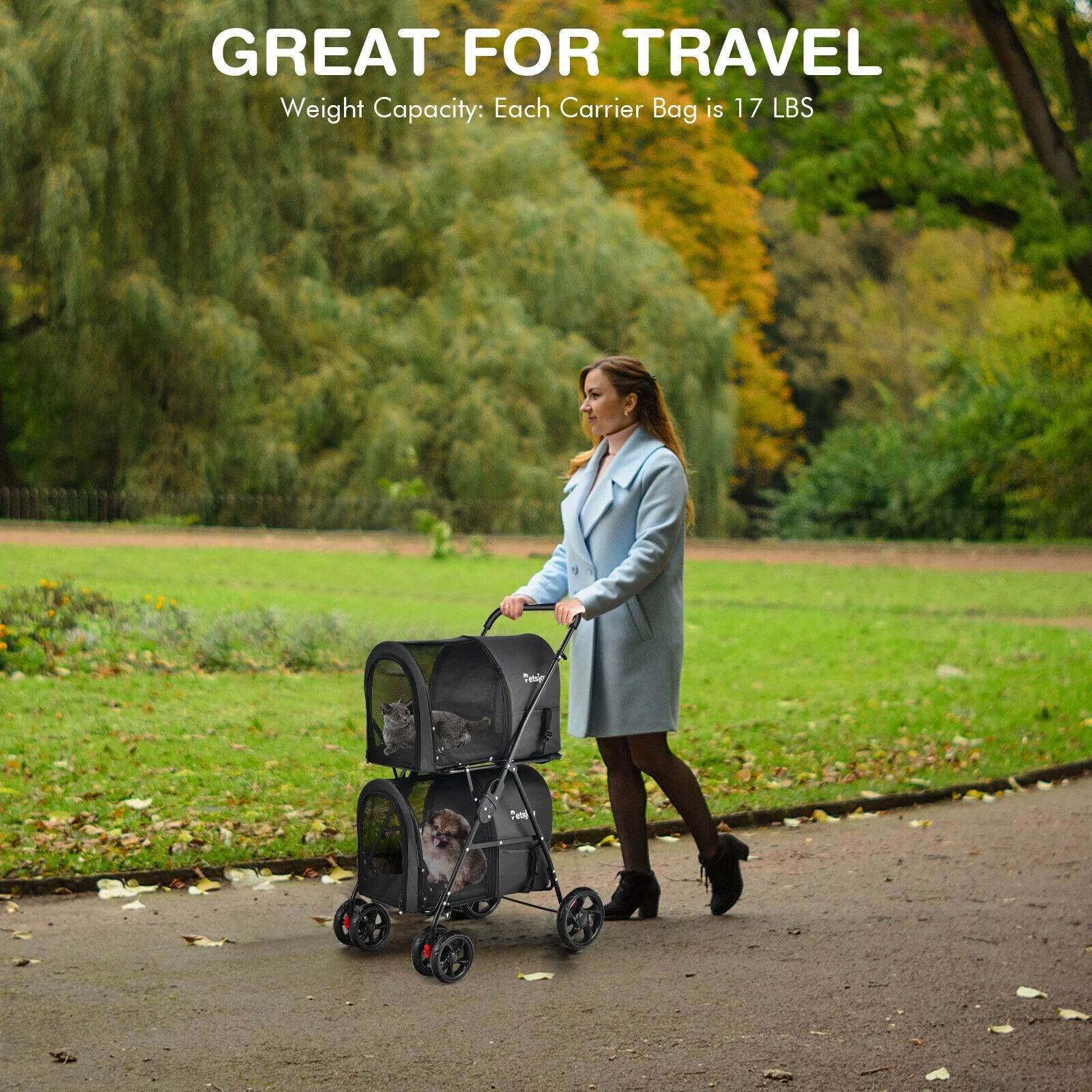 4-In-1 Double Pet Stroller, Detachable Carrier, Travel Carriage, Black - Image 3