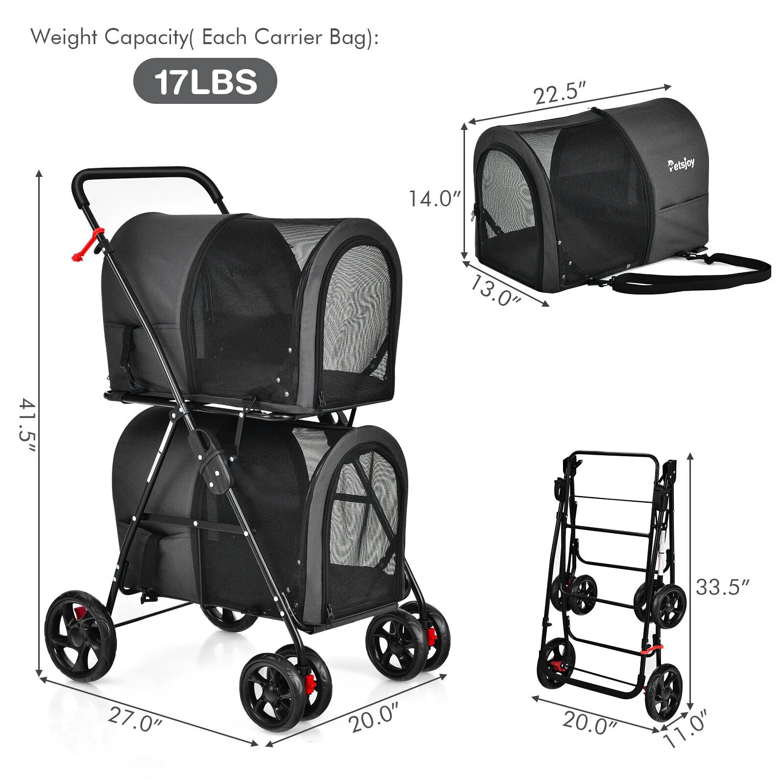 4-In-1 Double Pet Stroller, Detachable Carrier, Travel Carriage, Black - Image 6