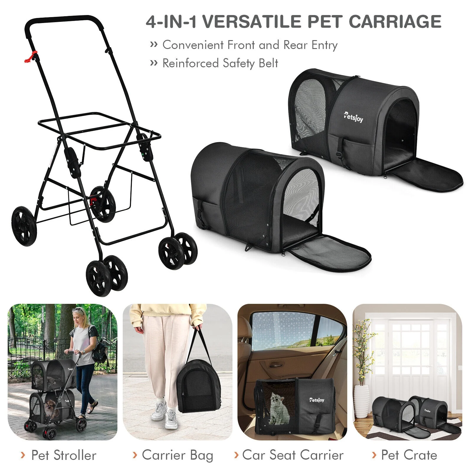 4-In-1 Double Pet Stroller, Detachable Carrier, Travel Carriage, Black - Image 7