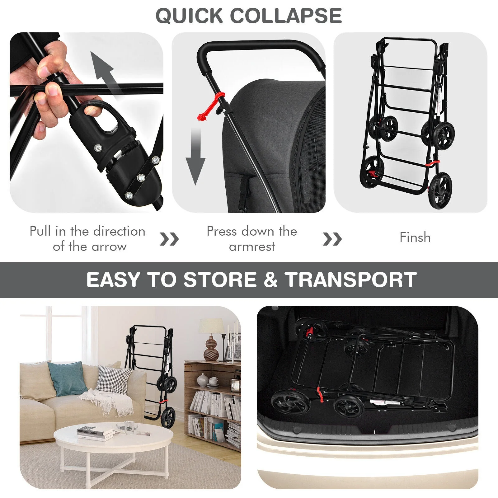 4-In-1 Double Pet Stroller, Detachable Carrier, Travel Carriage, Black - Image 8