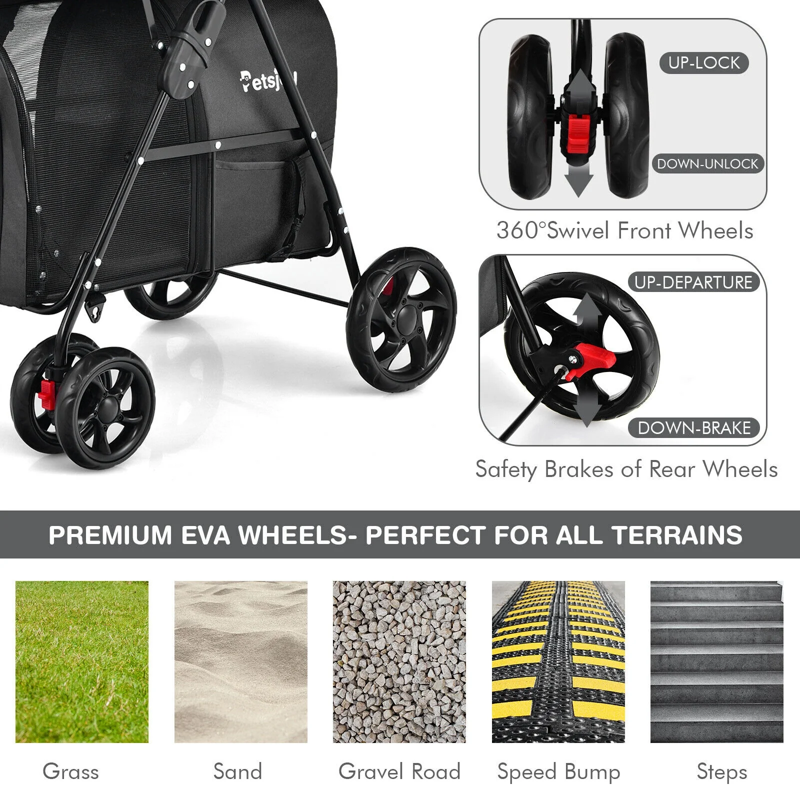 4-In-1 Double Pet Stroller, Detachable Carrier, Travel Carriage, Black - Image 9