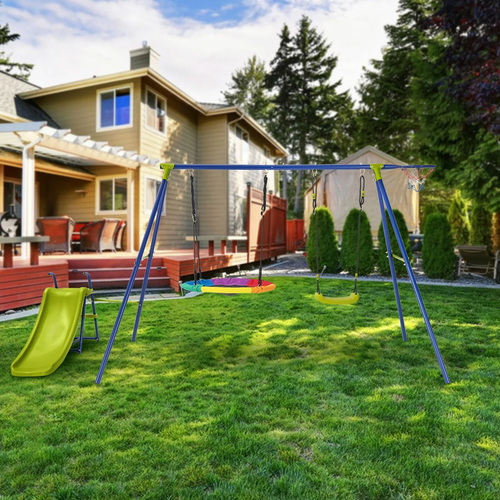 4-In-1 Heavy-Duty Metal Playset With Slide And Basketball Hoop, Multicolor - Image 2