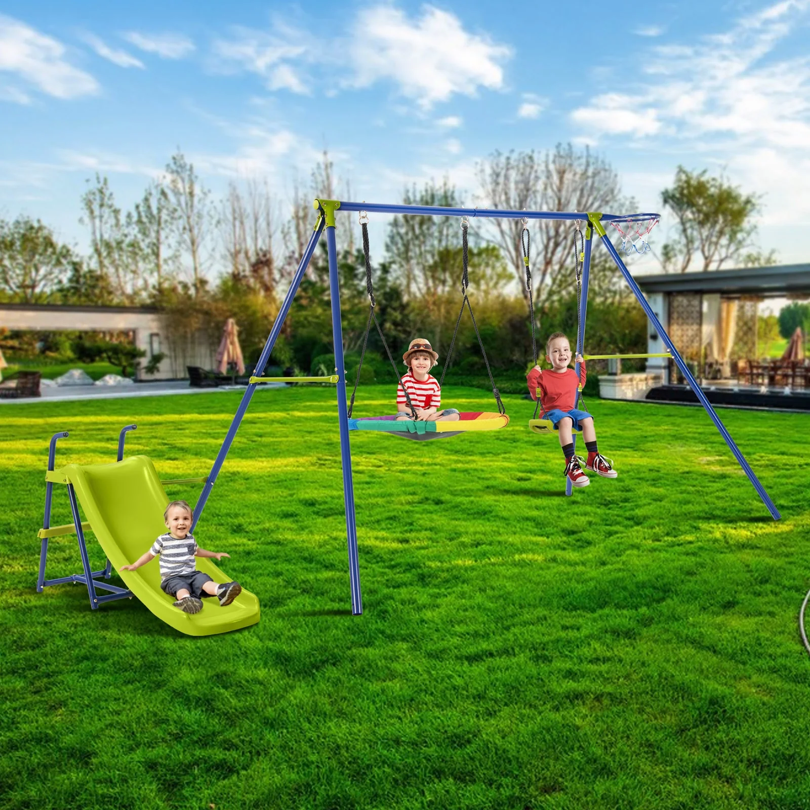 4-In-1 Heavy-Duty Metal Playset With Slide And Basketball Hoop, Multicolor - Image 3
