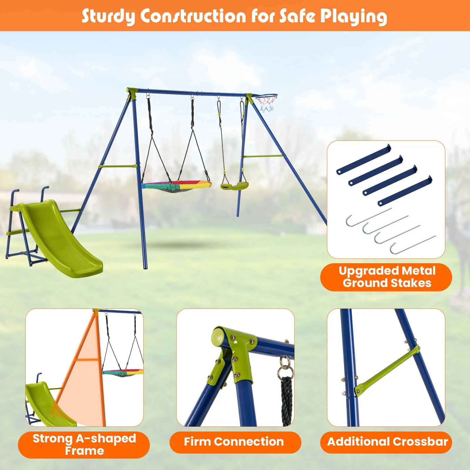 4-In-1 Heavy-Duty Metal Playset With Slide And Basketball Hoop, Multicolor - Image 7