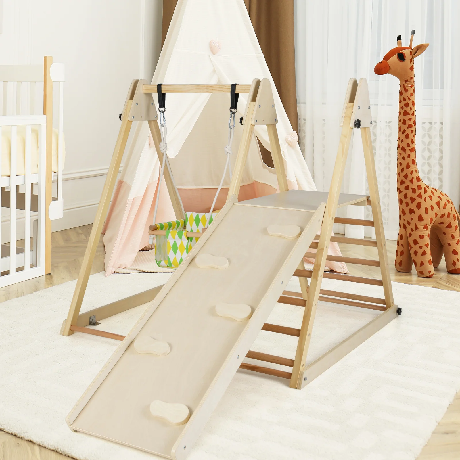 4-In-1 Indoor Jungle Gym With Baby Swing, Climbing Ramp, Natural - Image 3