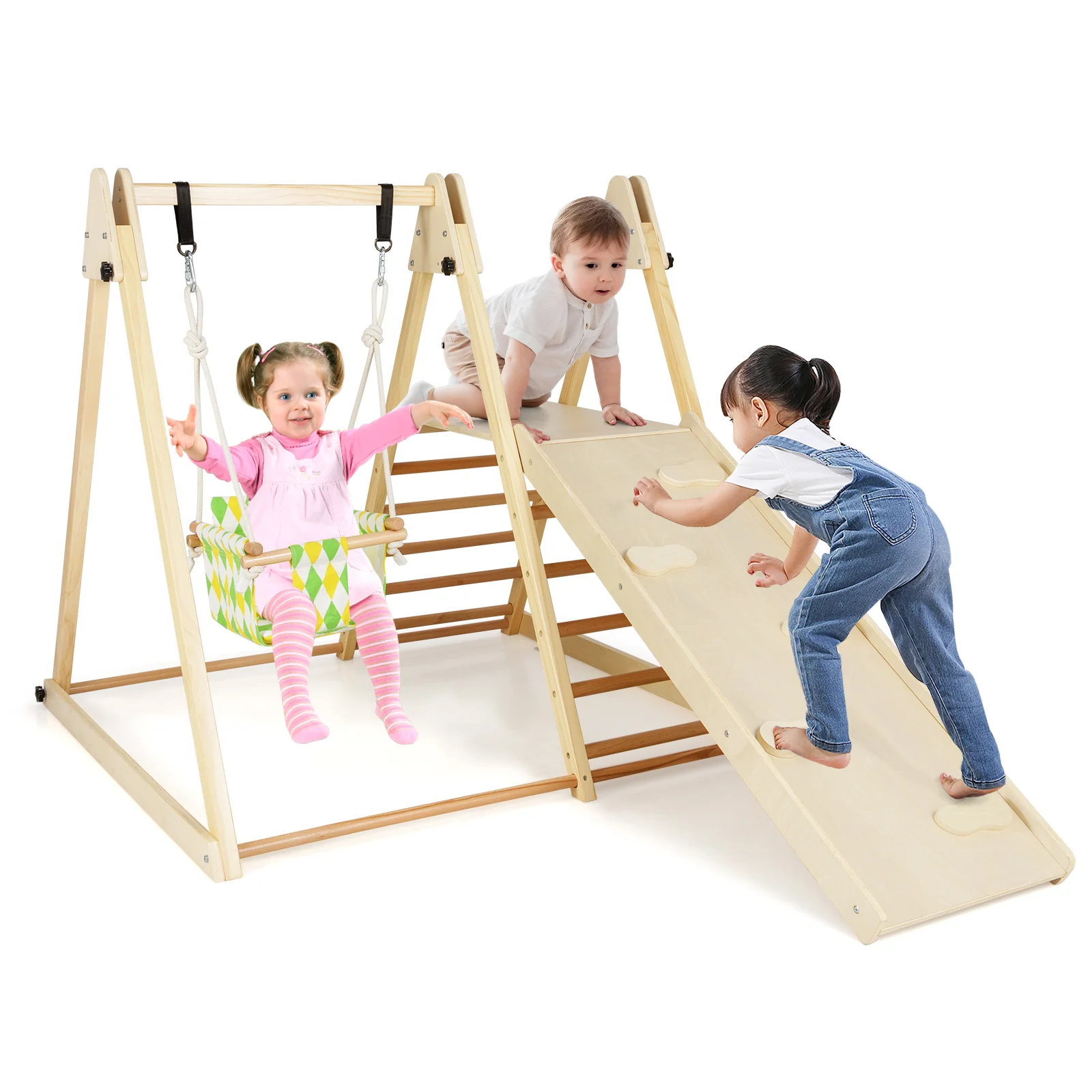 4-In-1 Indoor Jungle Gym With Baby Swing, Climbing Ramp, Natural - Image 5