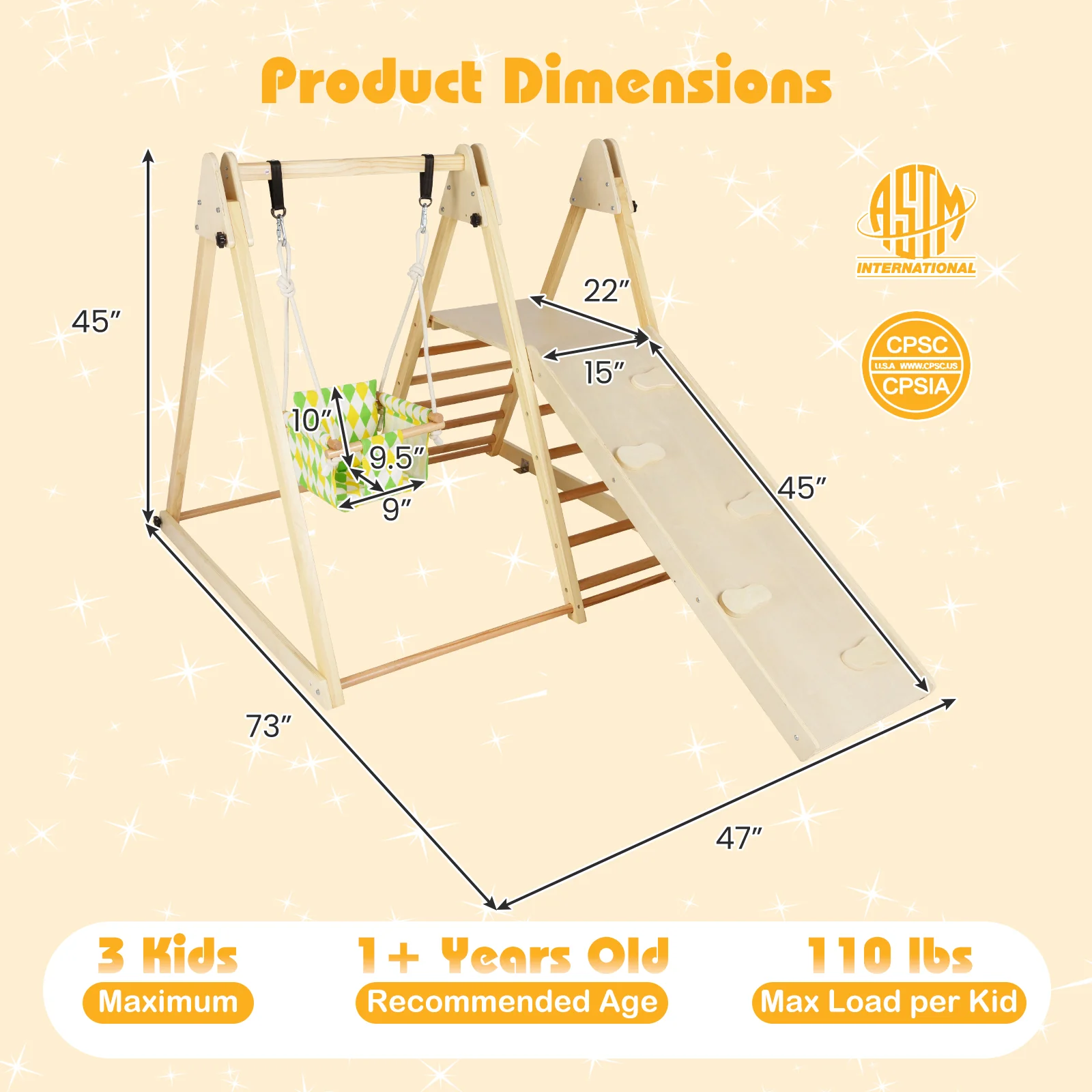 4-In-1 Indoor Jungle Gym With Baby Swing, Climbing Ramp, Natural - Image 6