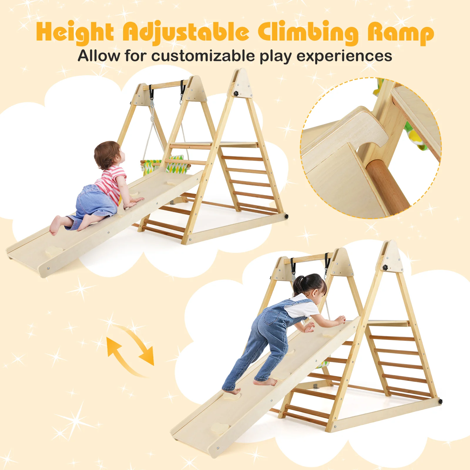 4-In-1 Indoor Jungle Gym With Baby Swing, Climbing Ramp, Natural - Image 8