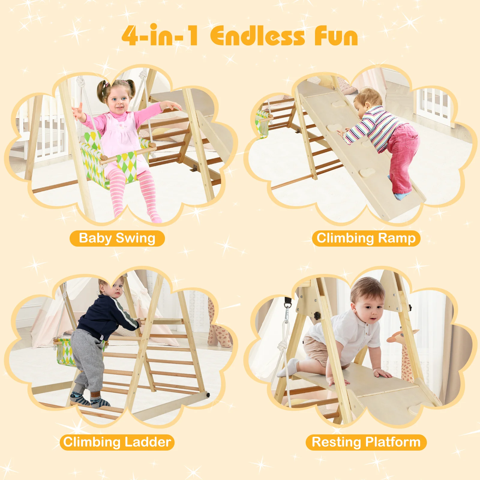 4-In-1 Indoor Jungle Gym With Baby Swing, Climbing Ramp, Natural - Image 9