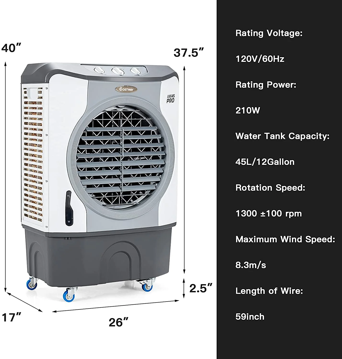 4-In-1 Industrial Evaporative Air Cooler, 12 Gallon Tank, Wheels, Gray - Image 5