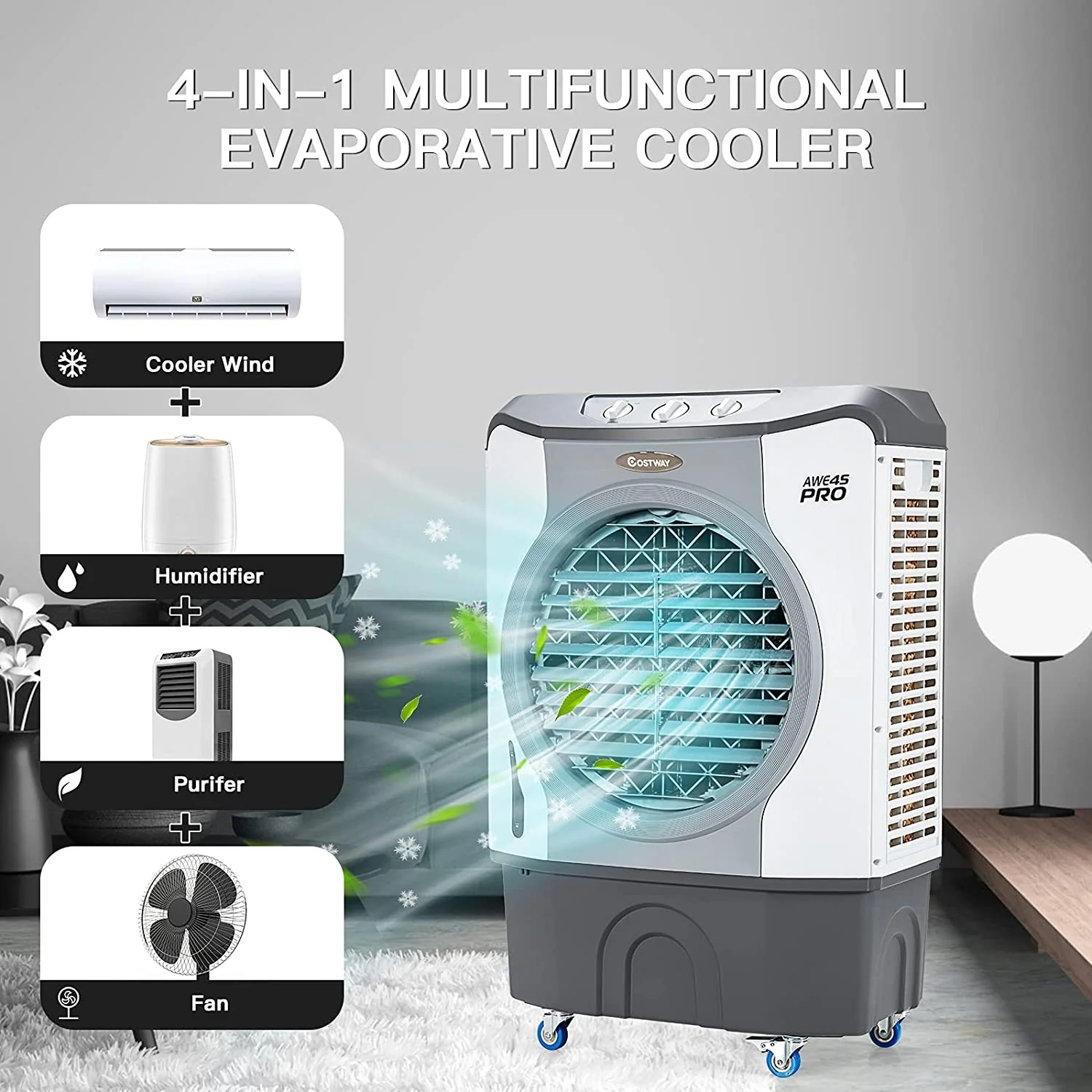 4-In-1 Industrial Evaporative Air Cooler, 12 Gallon Tank, Wheels, Gray - Image 6