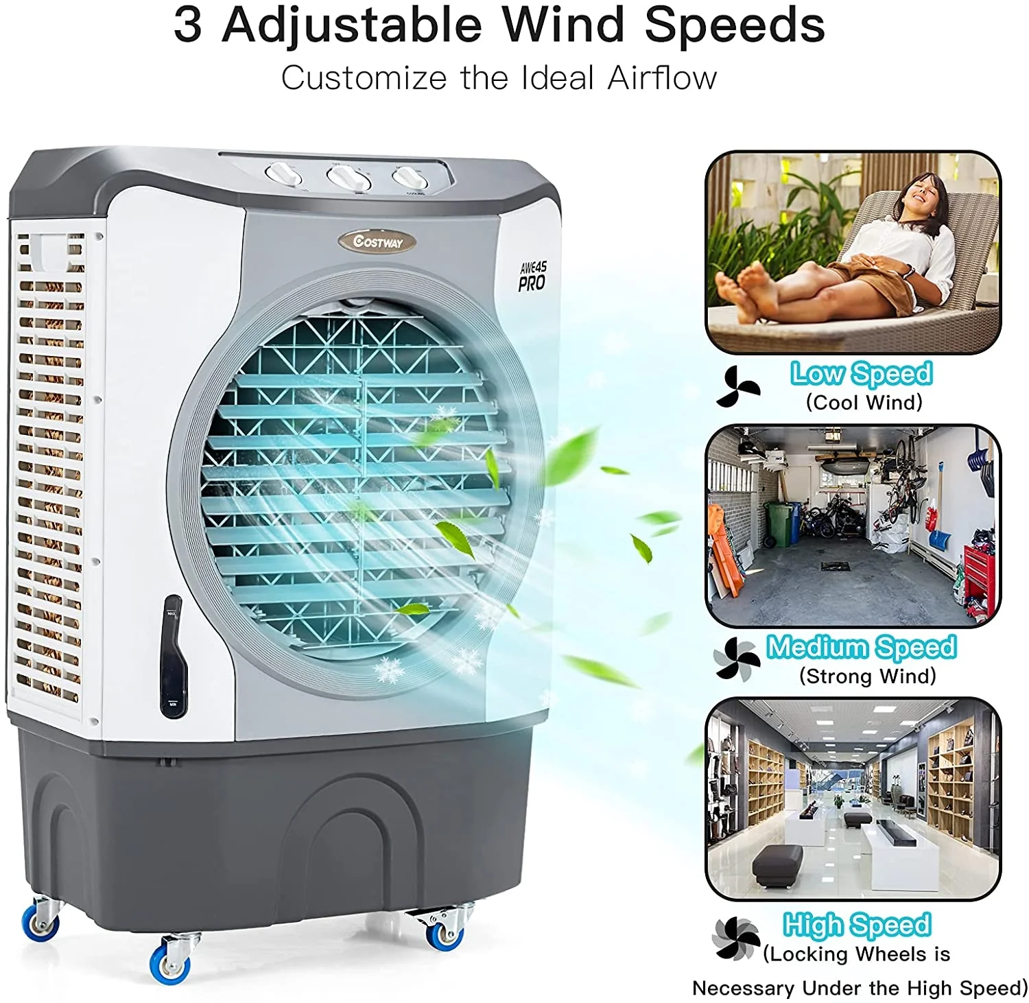 4-In-1 Industrial Evaporative Air Cooler, 12 Gallon Tank, Wheels, Gray - Image 7
