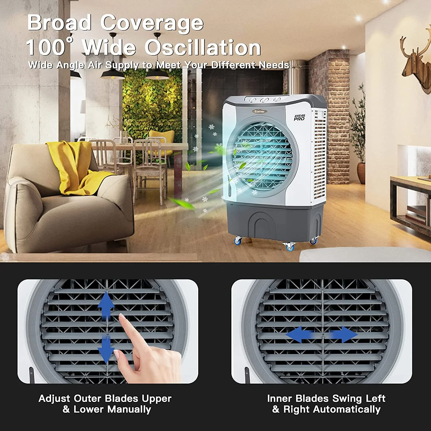 4-In-1 Industrial Evaporative Air Cooler, 12 Gallon Tank, Wheels, Gray - Image 9