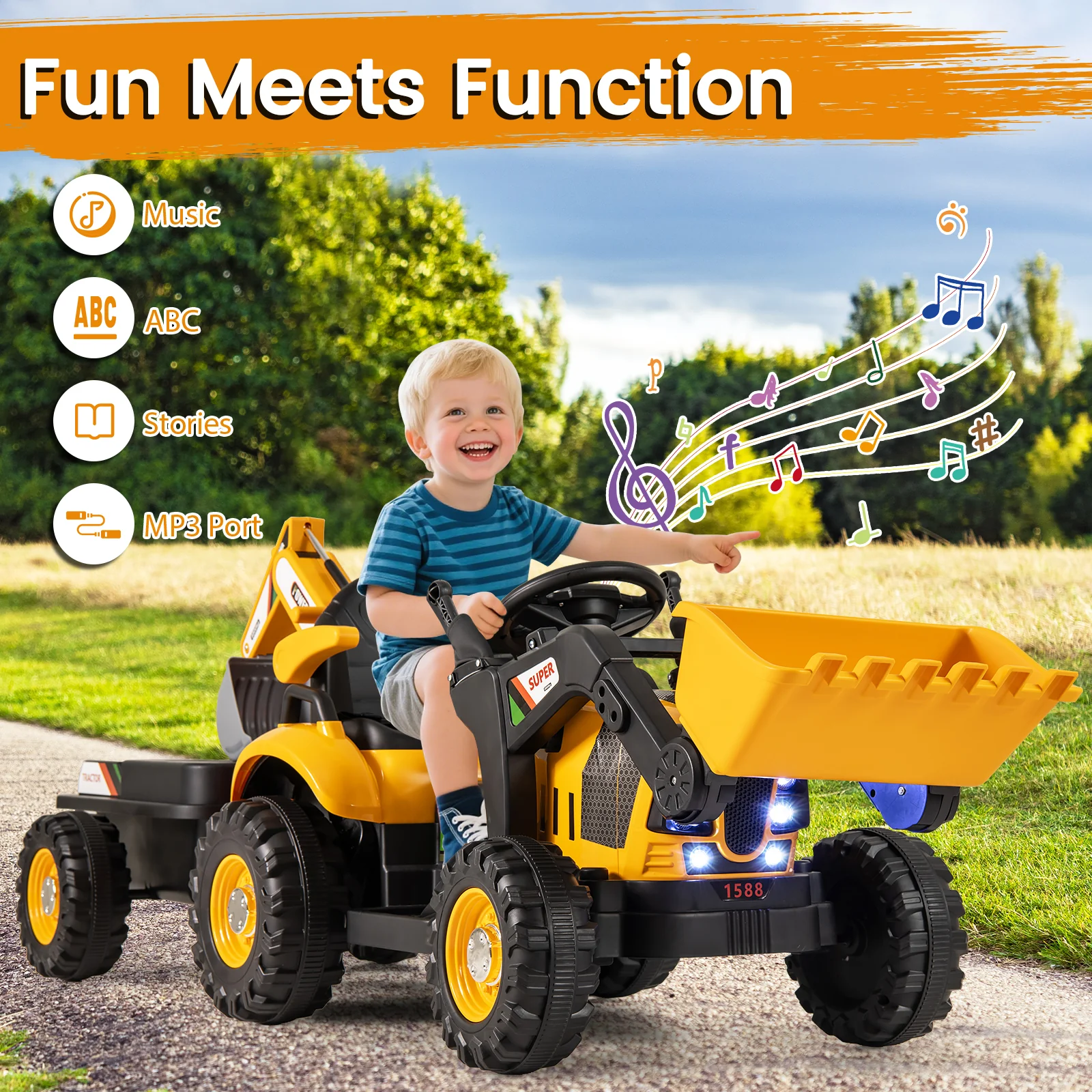4-in-1 Kids Ride on Tractor 12V Excavator Bulldozer with Remote Control, Yellow - Image 2