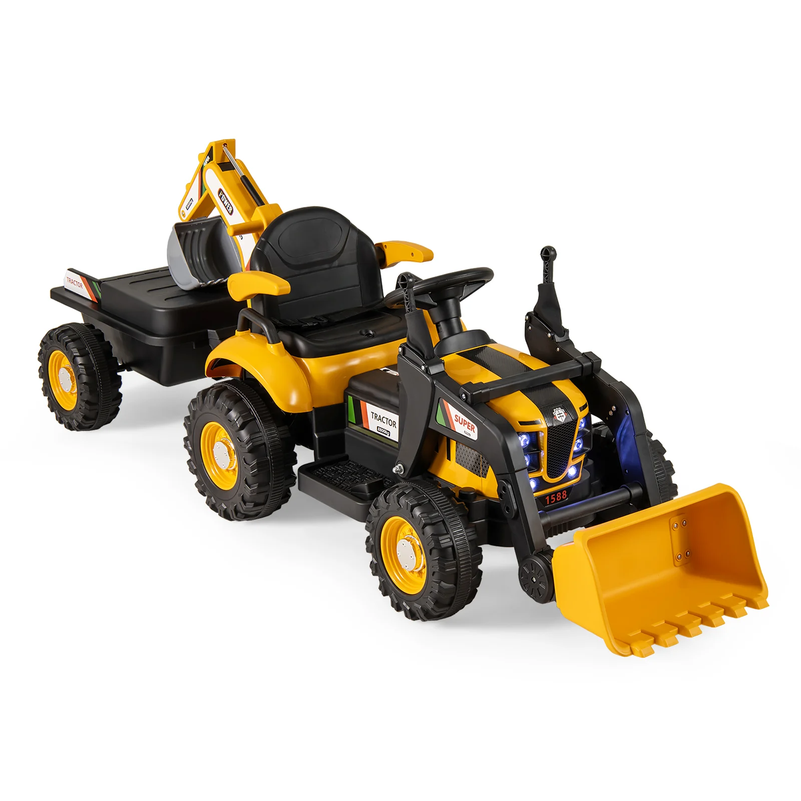 4-in-1 Kids Ride on Tractor 12V Excavator Bulldozer with Remote Control, Yellow - Image 3