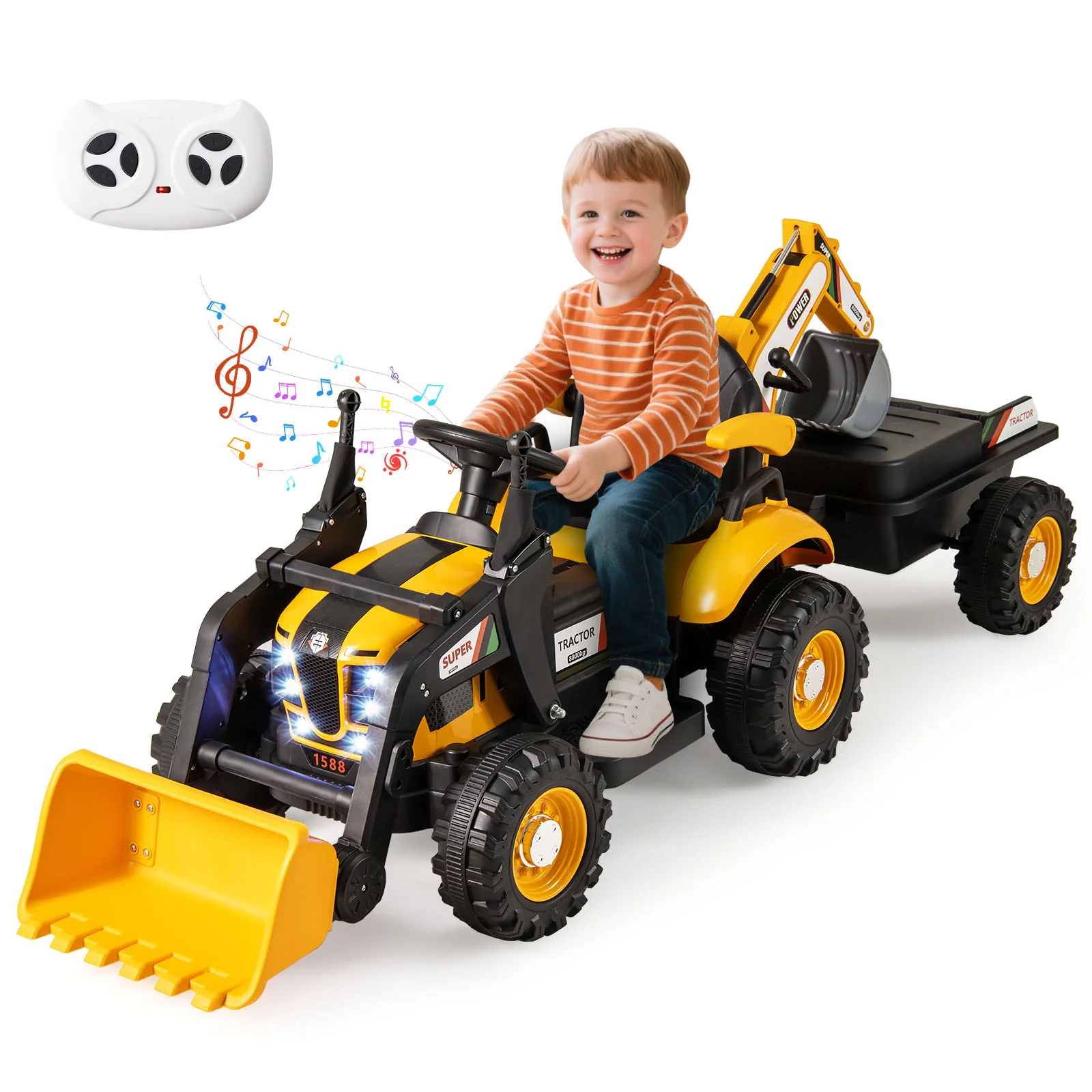 4-in-1 Kids Ride on Tractor 12V Excavator Bulldozer with Remote Control, Yellow - Image 4