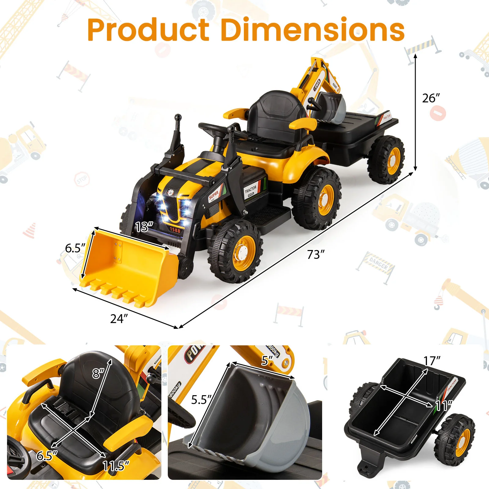 4-in-1 Kids Ride on Tractor 12V Excavator Bulldozer with Remote Control, Yellow - Image 5