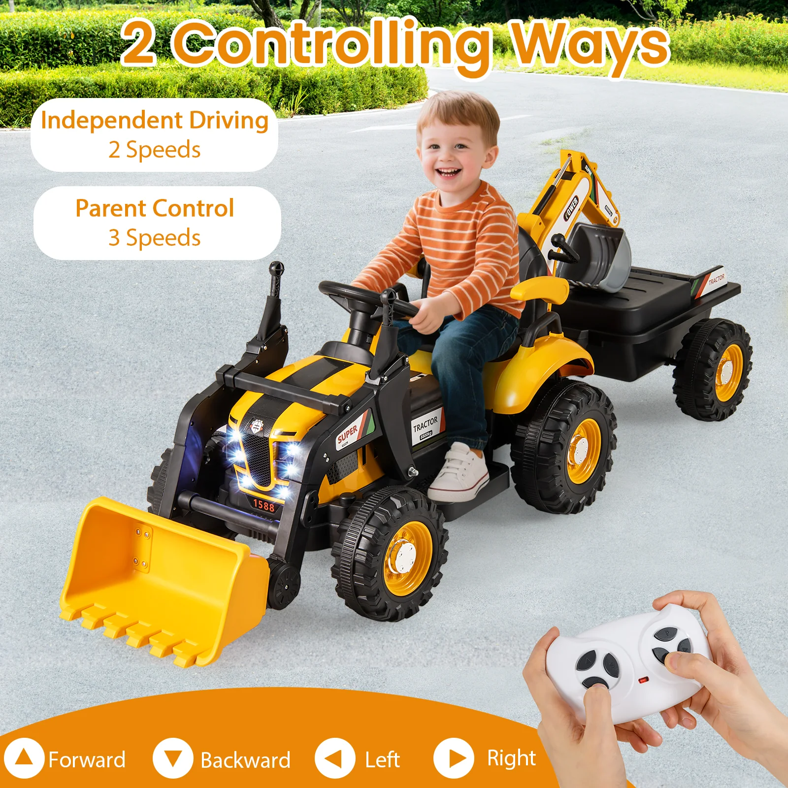 4-in-1 Kids Ride on Tractor 12V Excavator Bulldozer with Remote Control, Yellow - Image 6