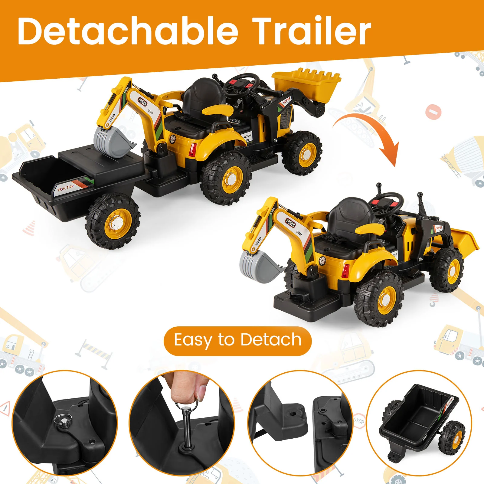 4-in-1 Kids Ride on Tractor 12V Excavator Bulldozer with Remote Control, Yellow - Image 7