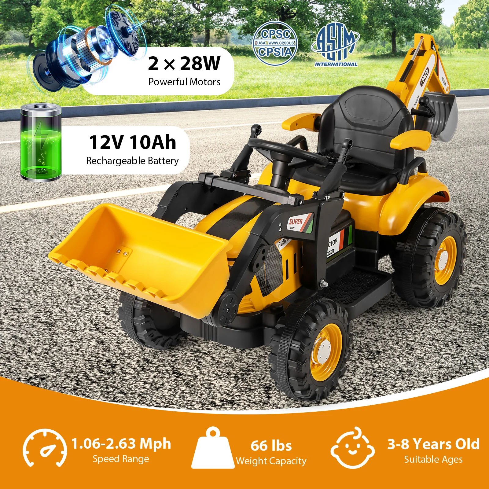 4-in-1 Kids Ride on Tractor 12V Excavator Bulldozer with Remote Control, Yellow - Image 9