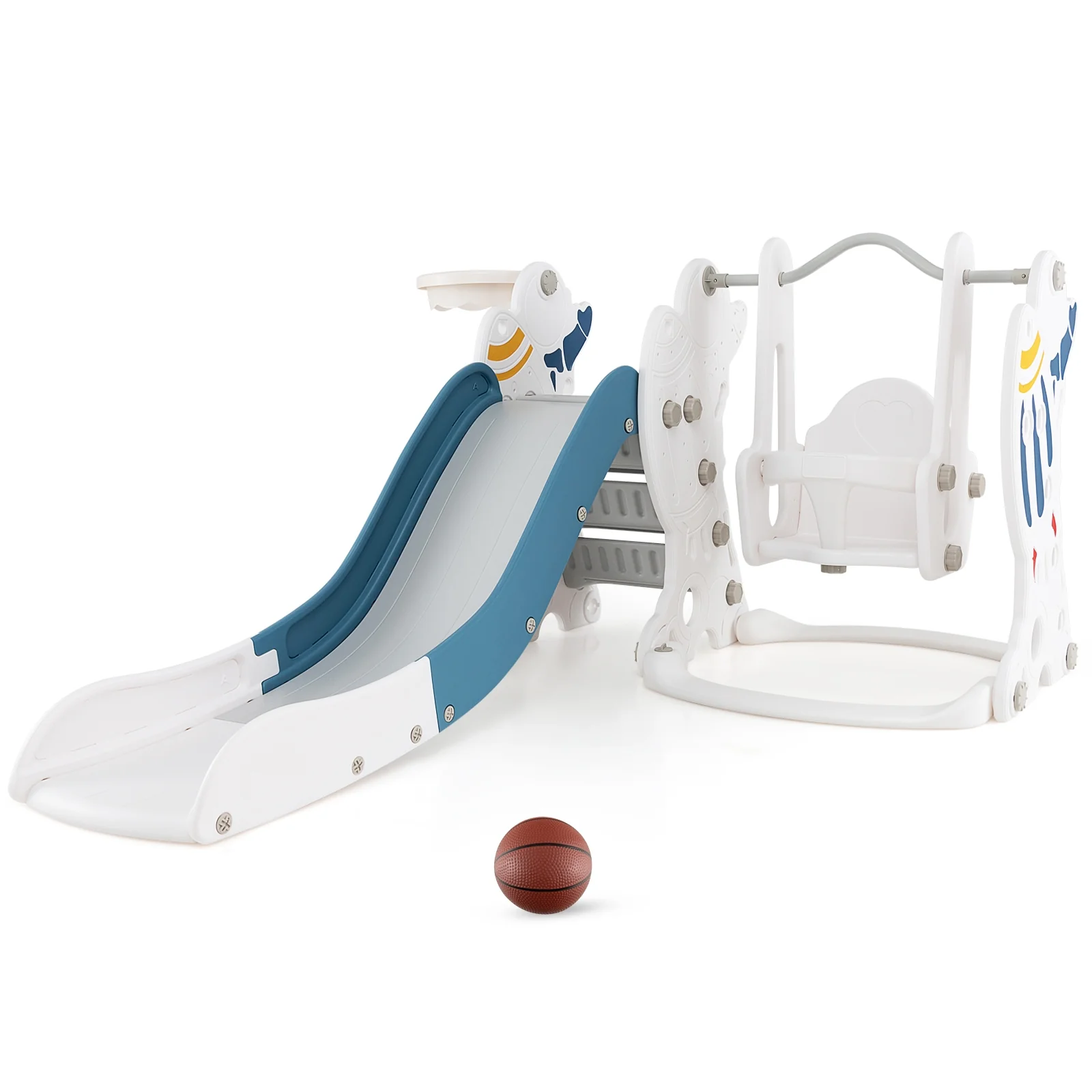 4-In-1 Kids Slide Swing Set With Basketball Hoop, Blue