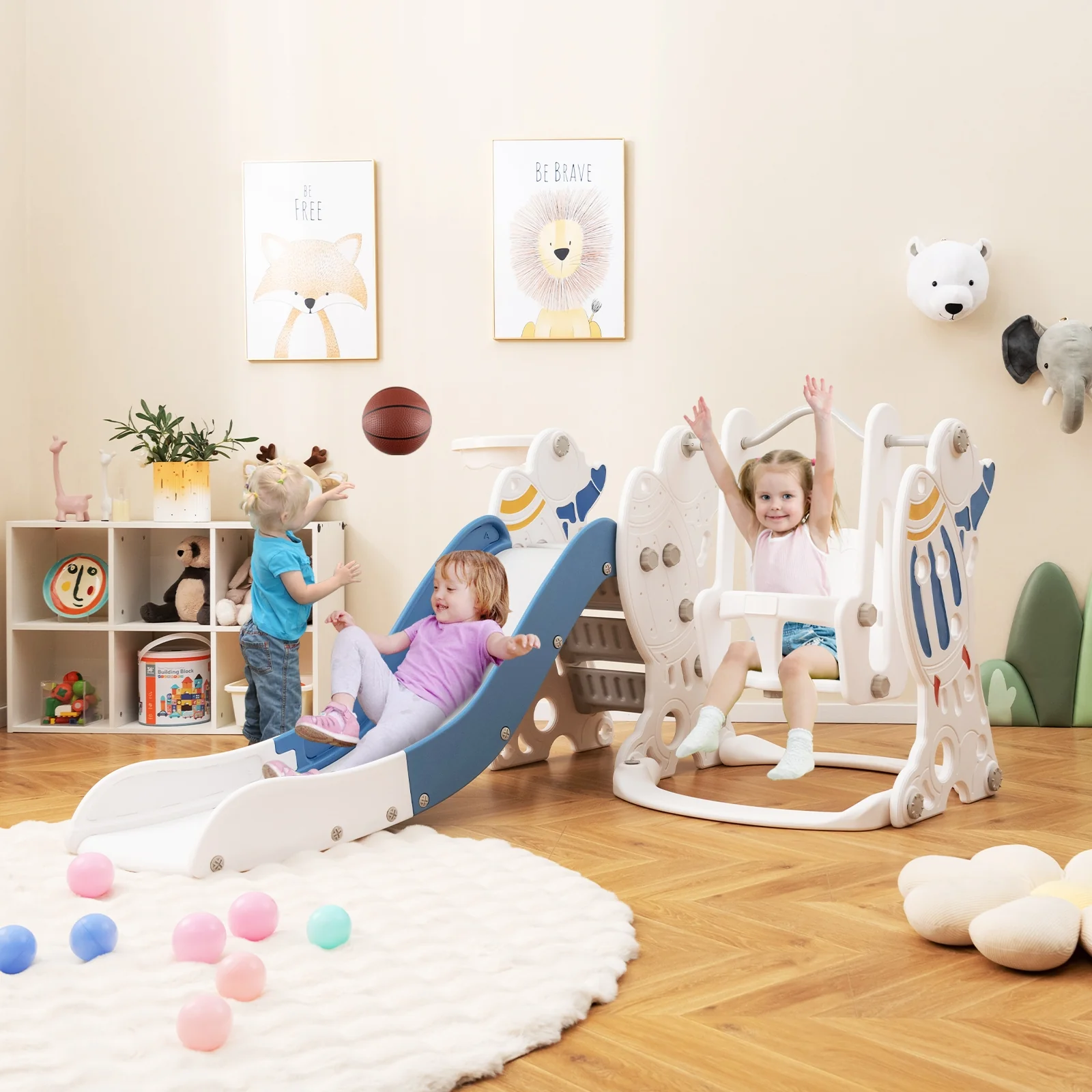 4-In-1 Kids Slide Swing Set With Basketball Hoop, Blue - Image 2