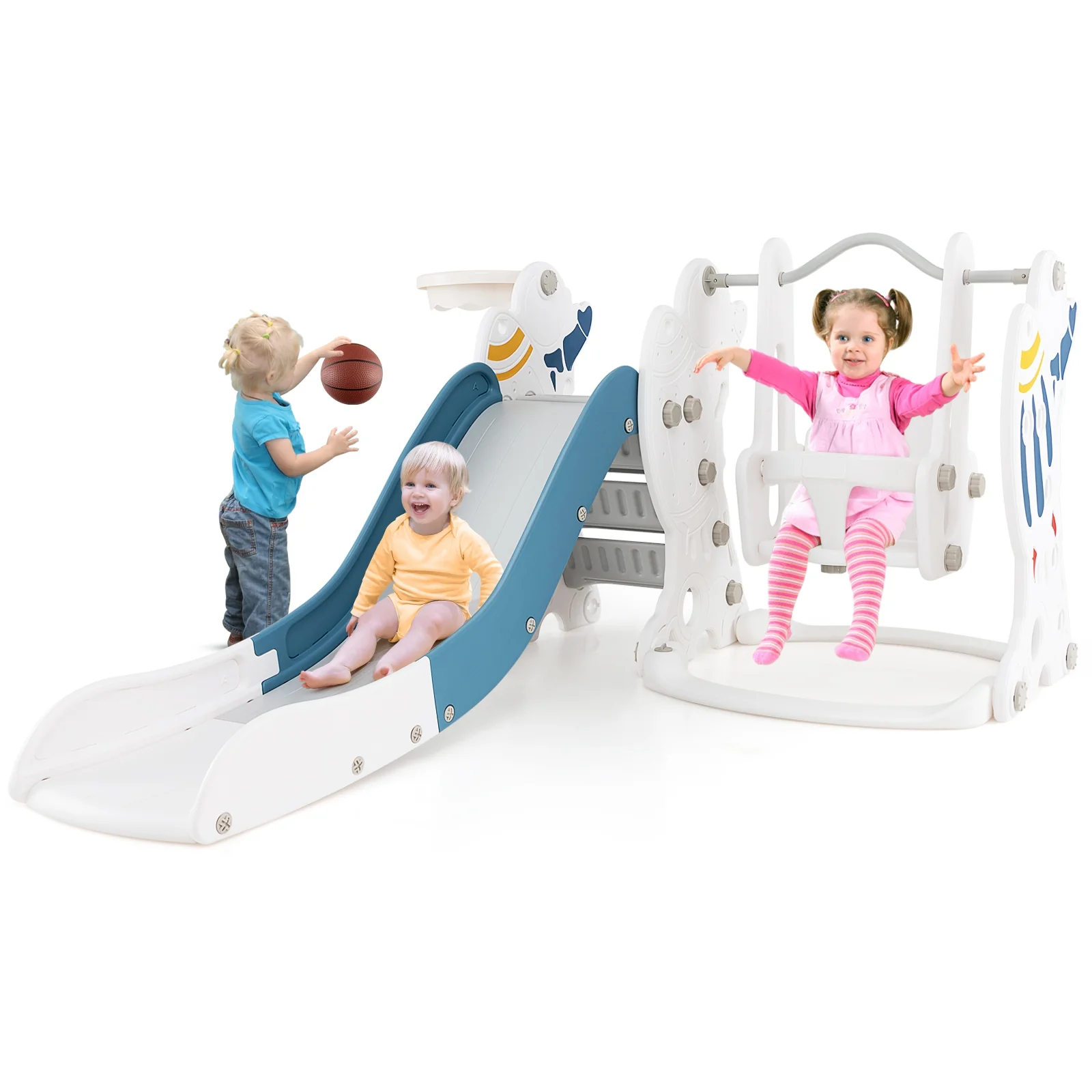 4-In-1 Kids Slide Swing Set With Basketball Hoop, Blue - Image 4