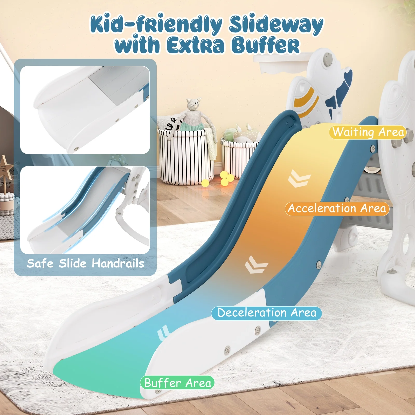 4-In-1 Kids Slide Swing Set With Basketball Hoop, Blue - Image 8