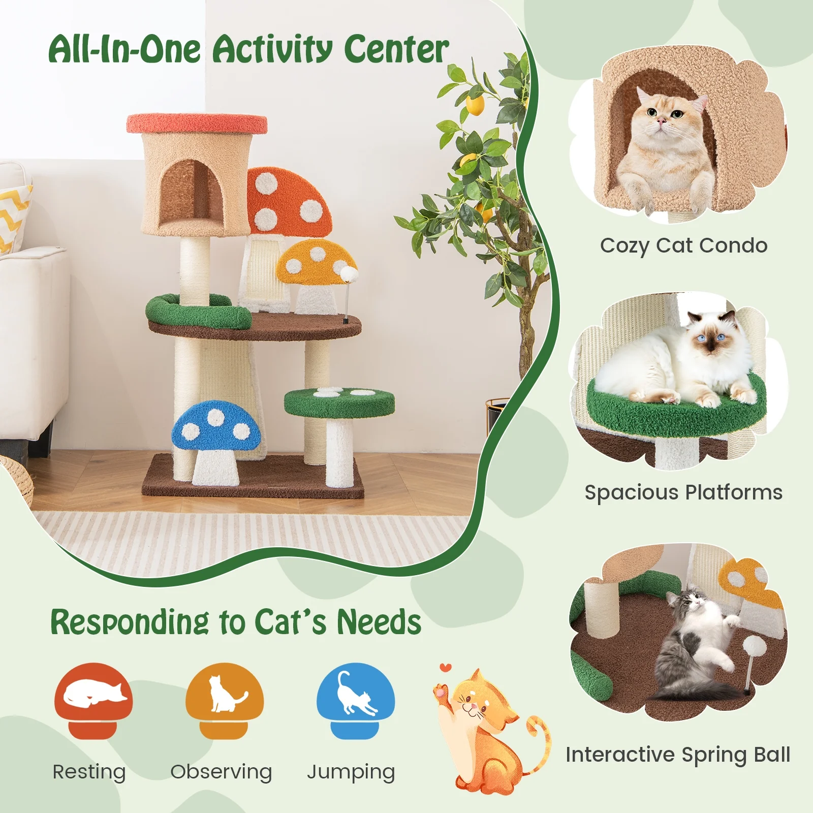 4-In-1 Mushroom Cat Tree, Condo Spring Ball, Sisal Posts, Multicolor - Image 7