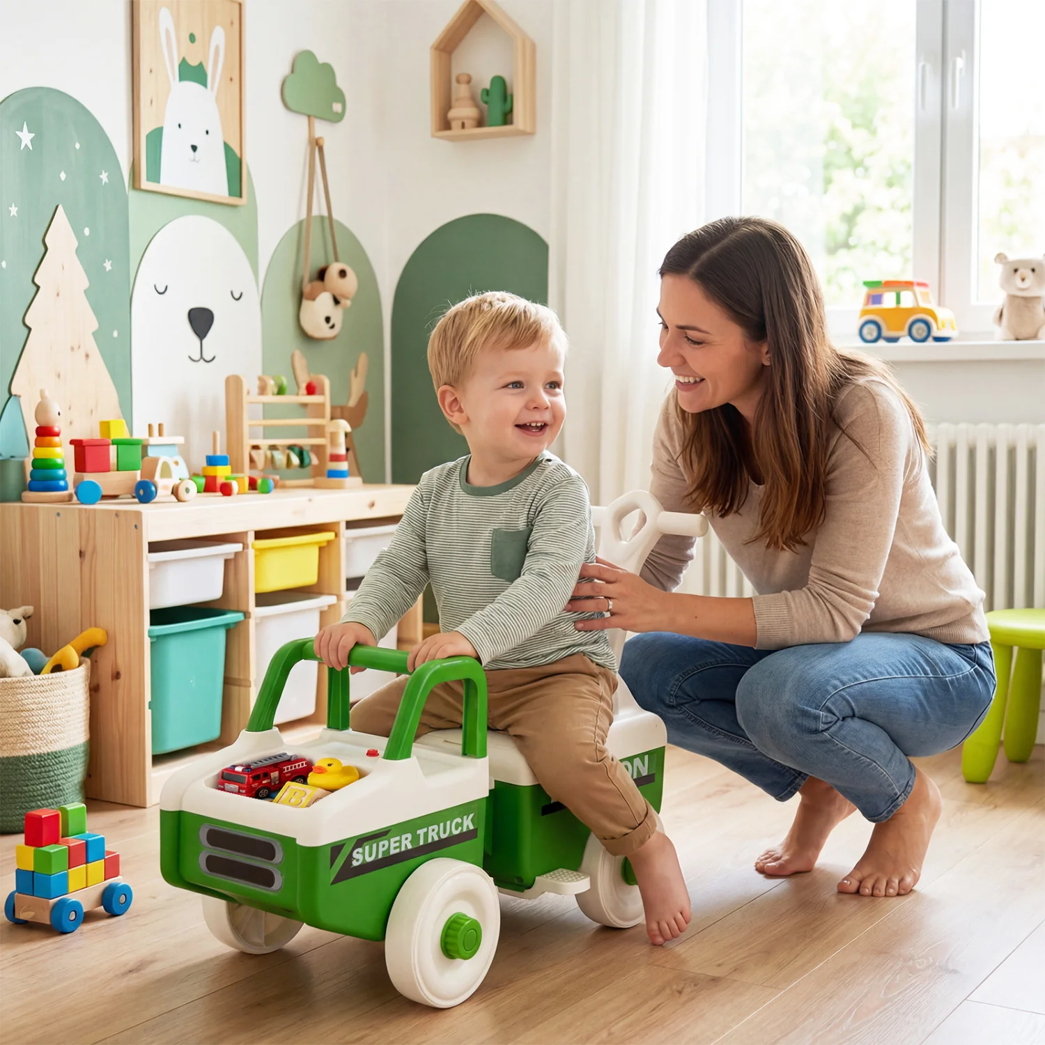 4 in 1 Ride on Push Car with Music and Under-Seat Storage for Boys Girls, Green - Image 2