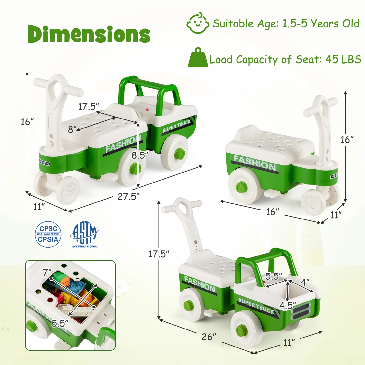 4 in 1 Ride on Push Car with Music and Under-Seat Storage for Boys Girls, Green - Image 4