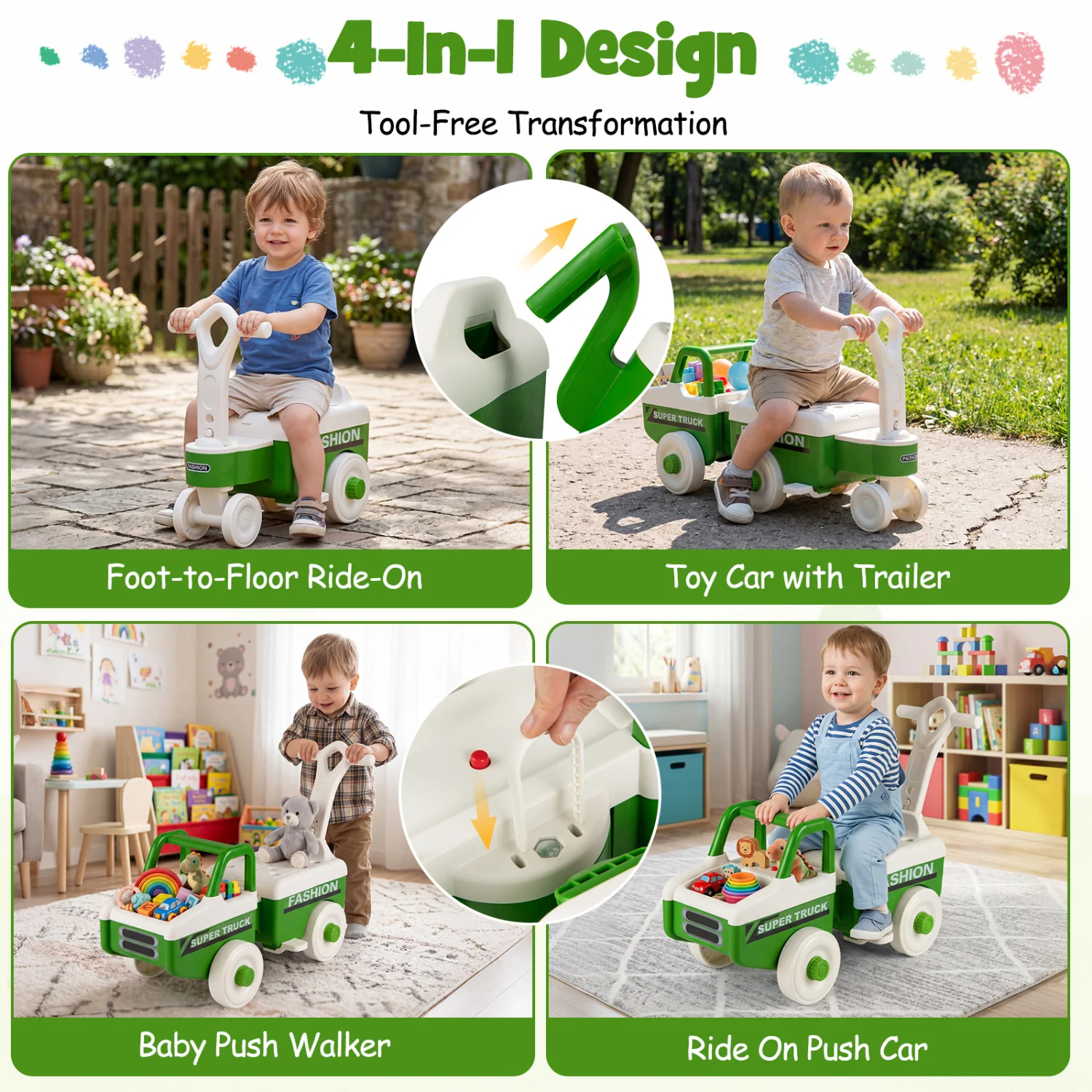 4 in 1 Ride on Push Car with Music and Under-Seat Storage for Boys Girls, Green - Image 5