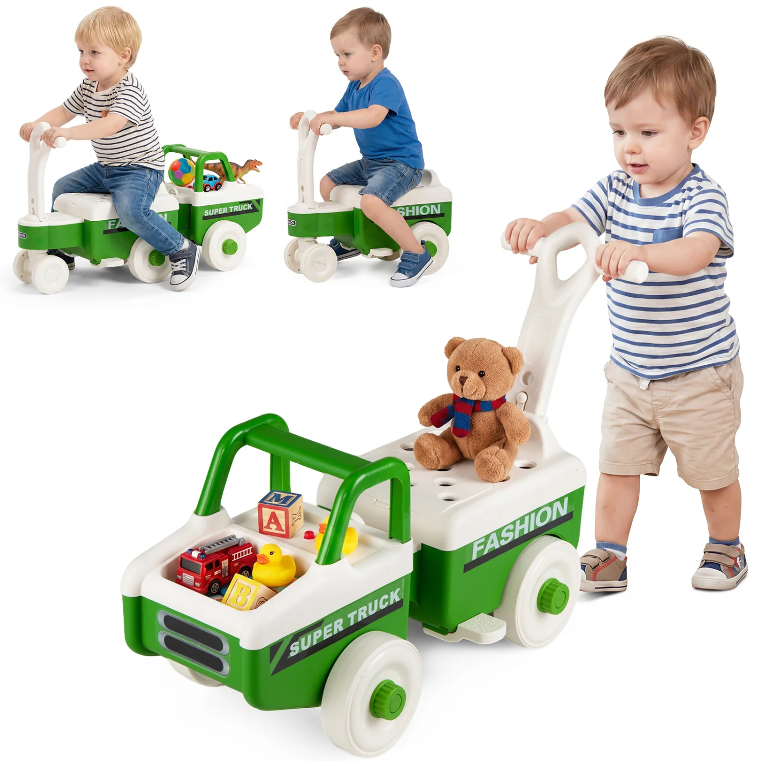 4 in 1 Ride on Push Car with Music and Under-Seat Storage for Boys Girls, Green - Image 6