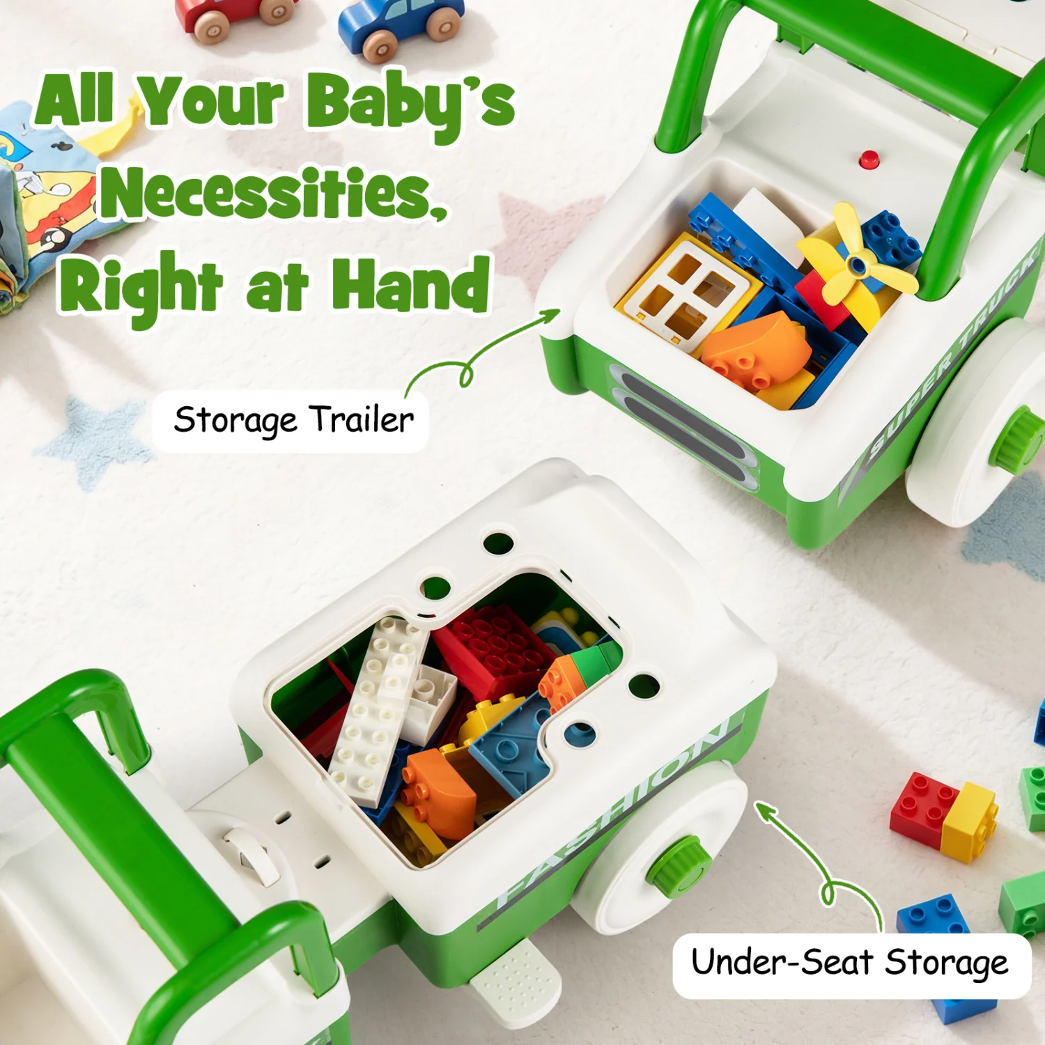 4 in 1 Ride on Push Car with Music and Under-Seat Storage for Boys Girls, Green - Image 8