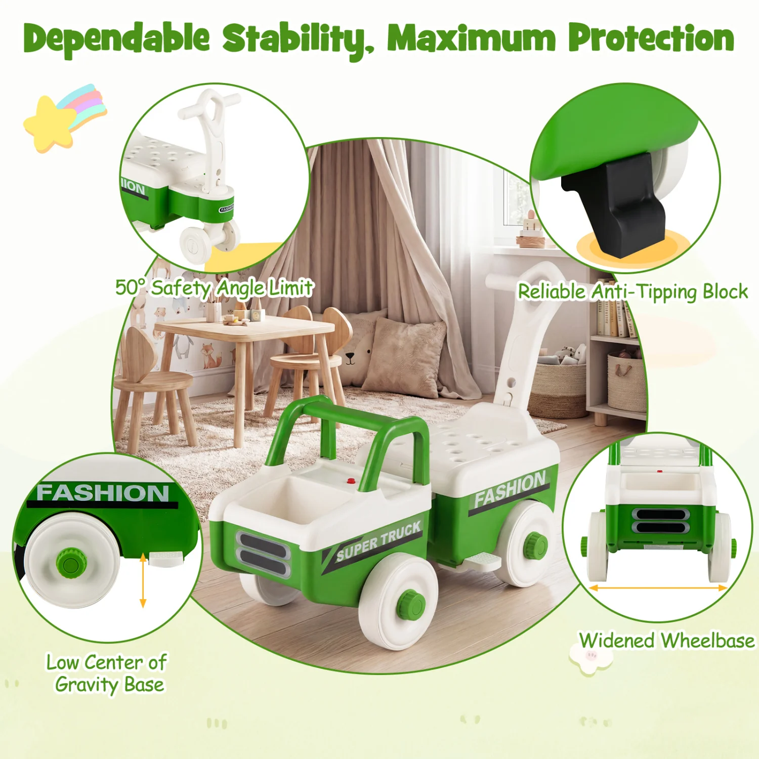 4 in 1 Ride on Push Car with Music and Under-Seat Storage for Boys Girls, Green - Image 9