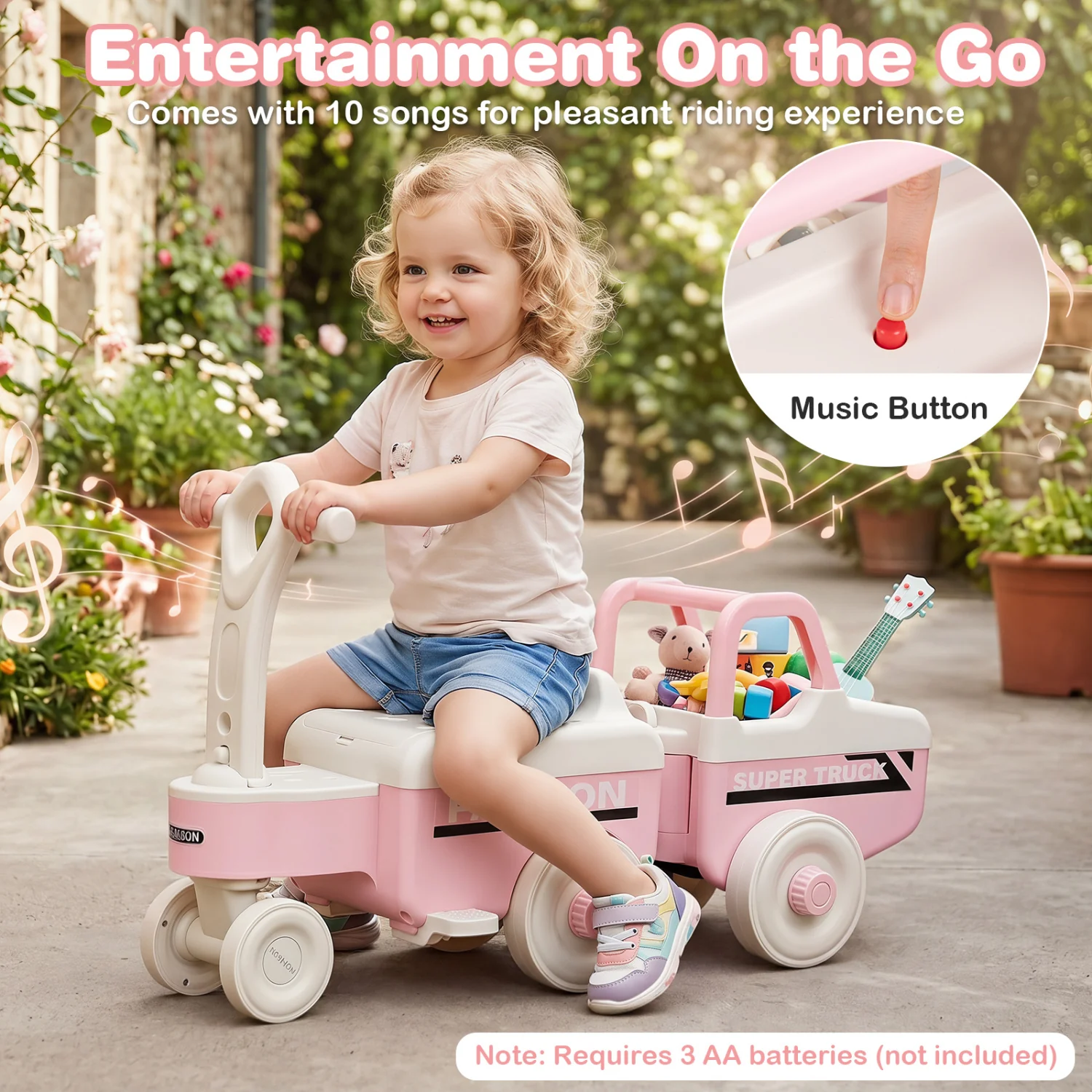 4 in 1 Ride on Push Car with Music and Under-Seat Storage for Boys Girls, Pink - Image 3
