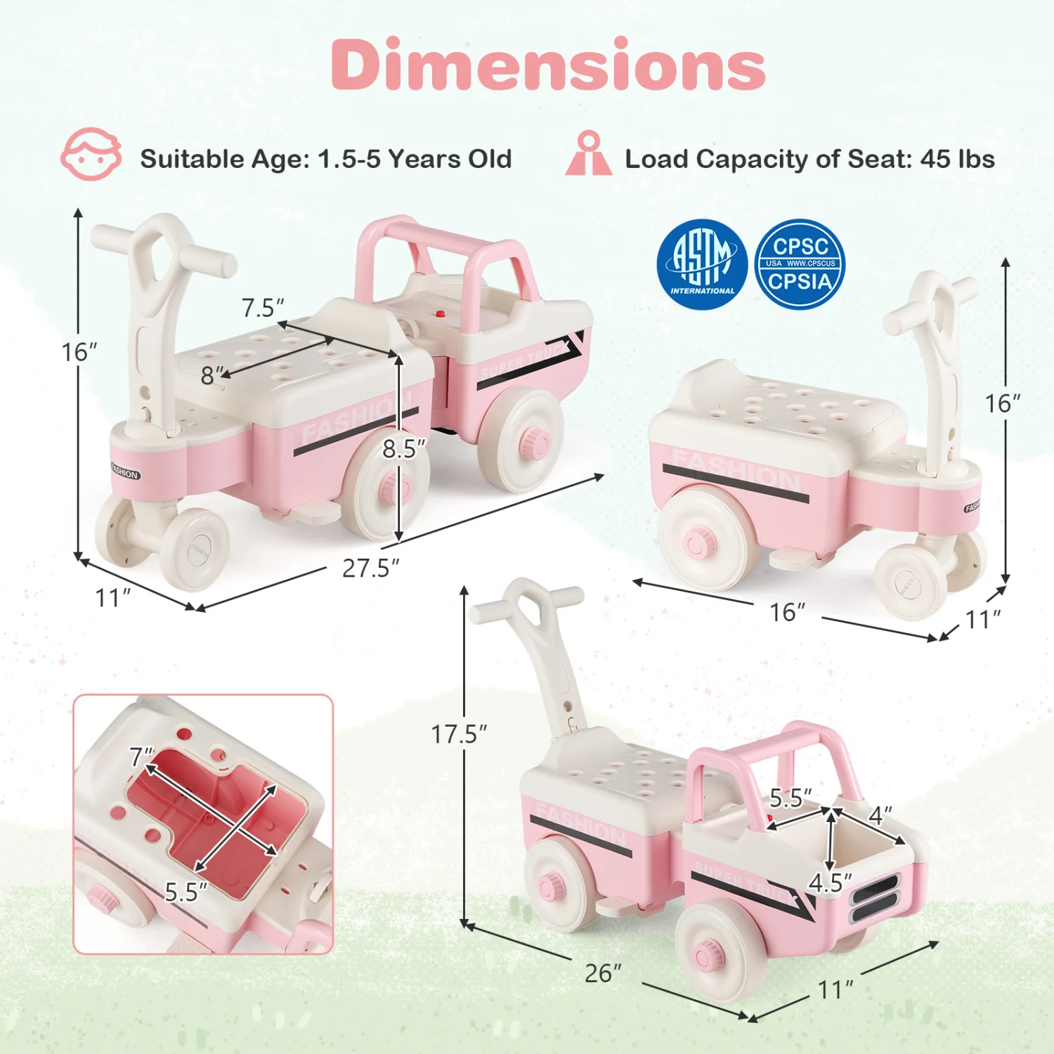 4 in 1 Ride on Push Car with Music and Under-Seat Storage for Boys Girls, Pink - Image 4