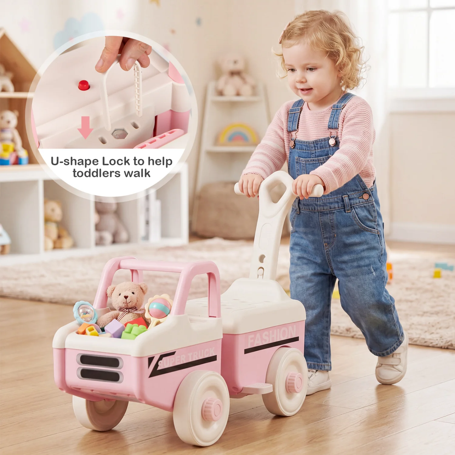 4 in 1 Ride on Push Car with Music and Under-Seat Storage for Boys Girls, Pink - Image 5