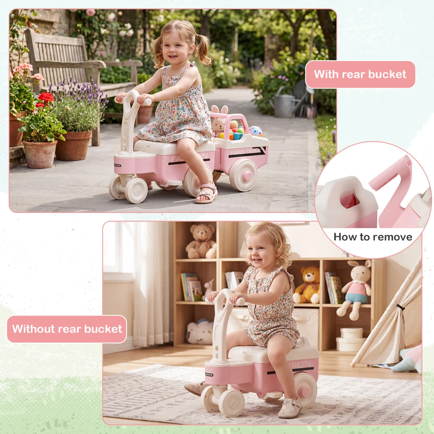 4 in 1 Ride on Push Car with Music and Under-Seat Storage for Boys Girls, Pink - Image 6