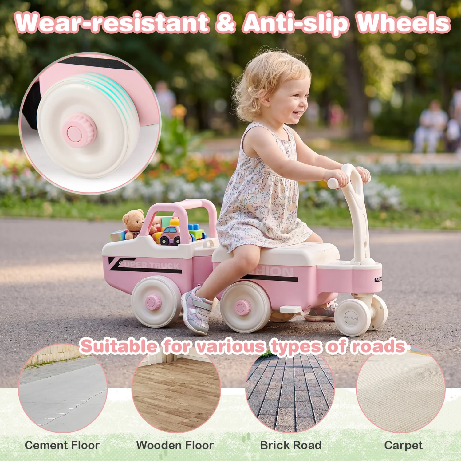 4 in 1 Ride on Push Car with Music and Under-Seat Storage for Boys Girls, Pink - Image 7